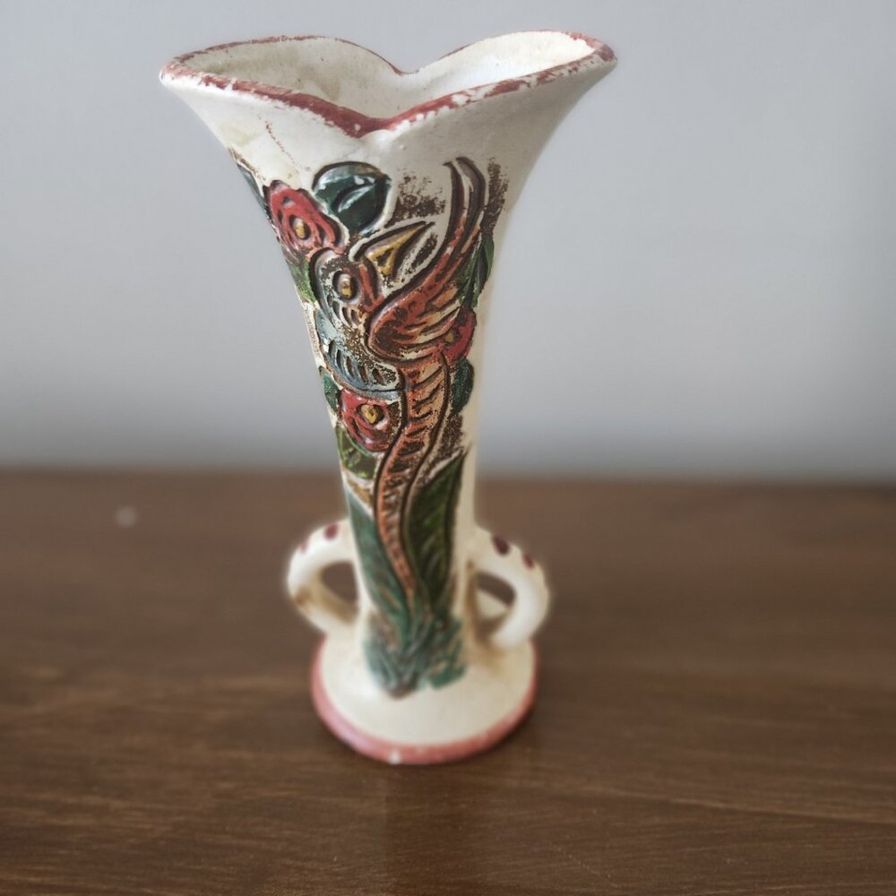 Japanese Hand Painted Vase Bird and Flowers Occupied Japan 6.5"Tall Vintage